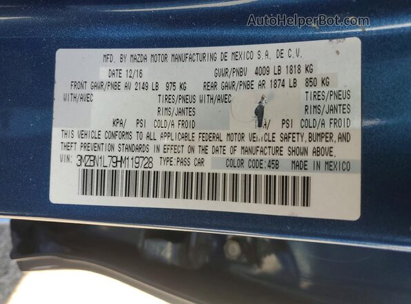 3MZBN1L79HM119728 2017 MAZDA 3 Blue VIN sticker view