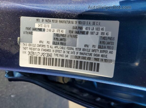 3MZBN1U71JM213848 2018 MAZDA 3 Blue ძრავის განყოფილების ხედი