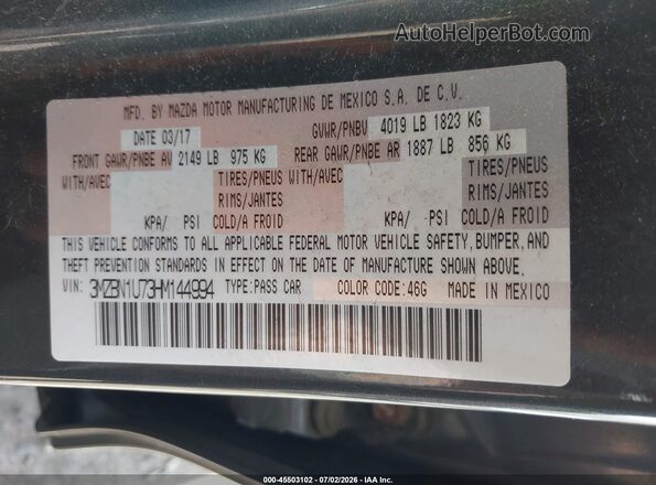 3MZBN1U73HM144994 2017 MAZDA 3 Black ძრავის განყოფილების ხედი