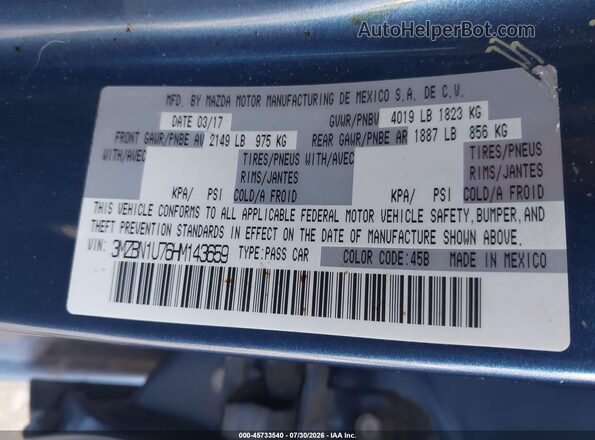 3MZBN1U76HM143659 2017 MAZDA 3 Blue Engine compartment view