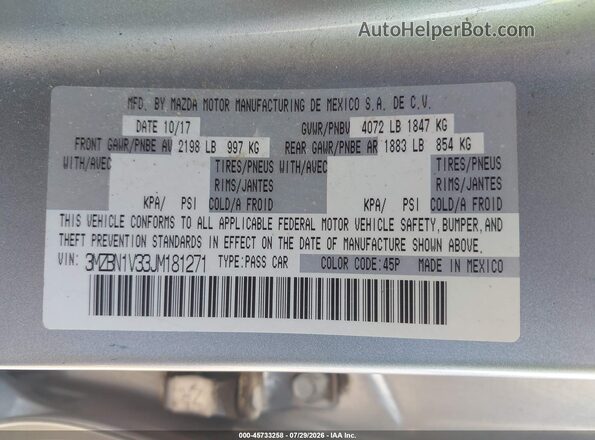 3MZBN1V33JM181271 2018 MAZDA 3 Silver Engine compartment view