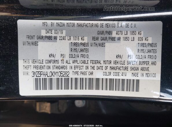 3MZBPAAL0KM105282 2019 MAZDA 3 Черный Вид подкапотного пространства