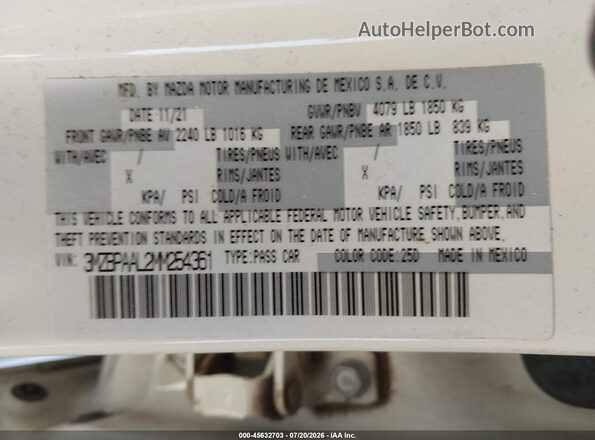 3MZBPAAL2MM254361 2021 MAZDA 3 White Vista del compartimento del motor