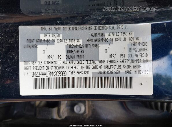 3MZBPAAL7MM203969 2021 MAZDA 3 Dark Blue ძრავის განყოფილების ხედი