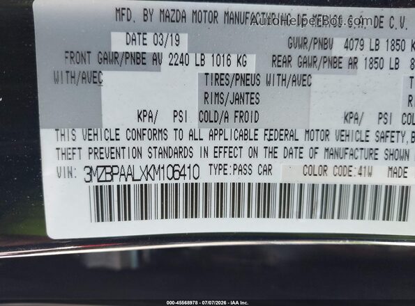 3MZBPAALXKM106410 2019 MAZDA 3 Black Շարժիչի բաժամունքի տեսք