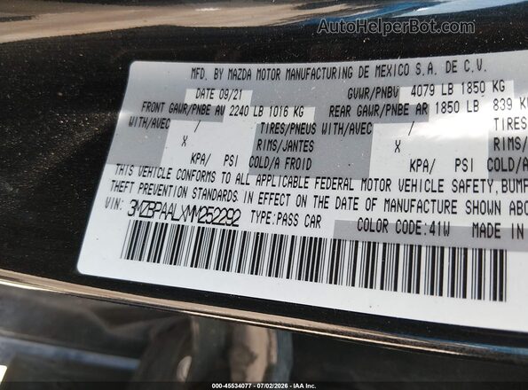 3MZBPAALXMM252292 2021 MAZDA 3 Черный Вид подкапотного пространства