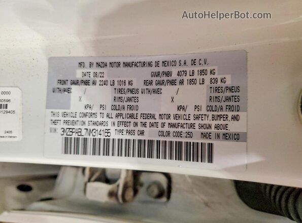 3MZBPABL7NM314165 2022 MAZDA 3 White Widok komory silnika