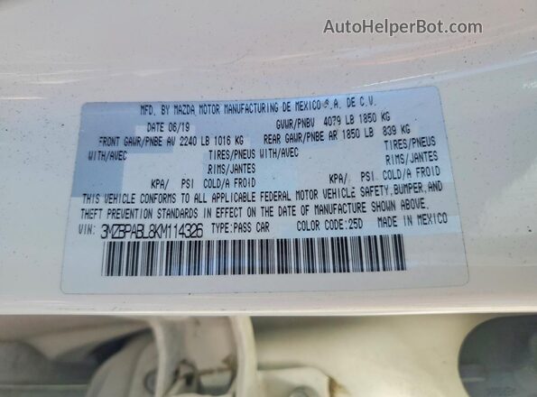 3MZBPABL8KM114326 2019 MAZDA 3 White Engine compartment view