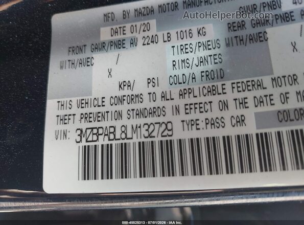 3MZBPABL8LM132729 2020 MAZDA 3 Blue Widok naklejki z numerem VIN