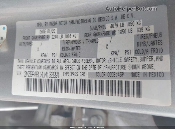 3MZBPABLXLM132991 2020 MAZDA 3 Silver Շարժիչի բաժամունքի տեսք