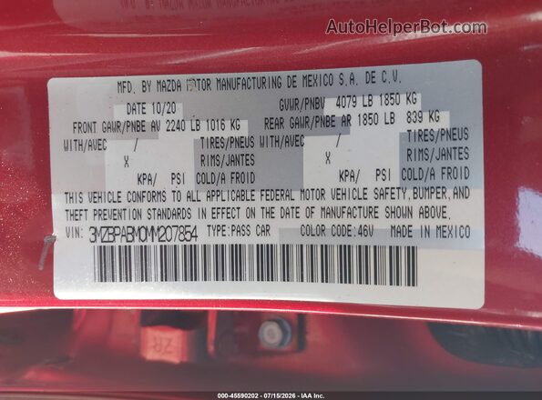 3MZBPABM0MM207854 2021 MAZDA 3 Red Vista del compartimento del motor