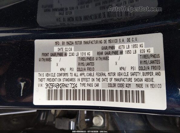 3MZBPABM2RM417024 2024 MAZDA 3 Dark Blue Вид подкапотного пространства