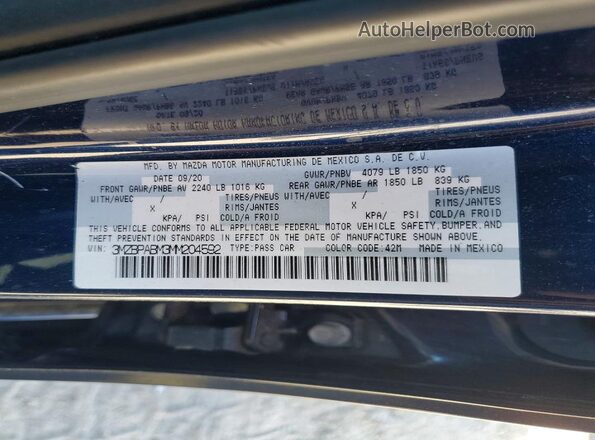 3MZBPABM3MM204592 2021 MAZDA 3 Синий Вид подкапотного пространства