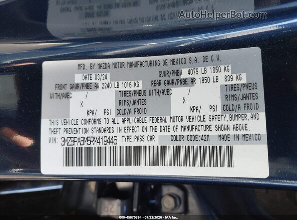 3MZBPABM5RM419446 2024 MAZDA 3 Blue Вид підкапотного простору