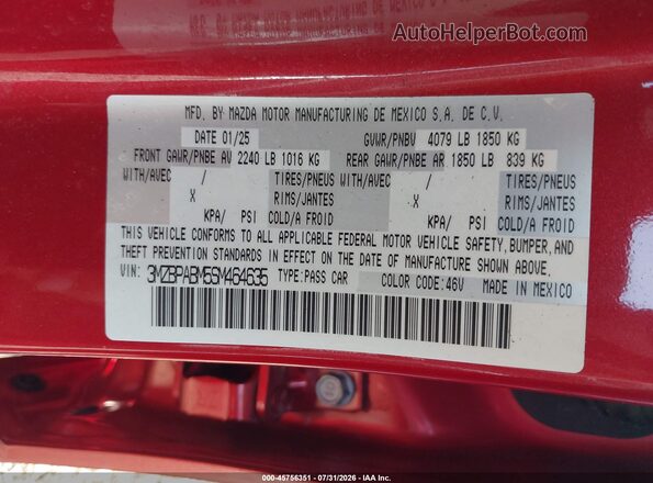 3MZBPABM5SM464635 2025 MAZDA 3 Red Vista del compartimento del motor