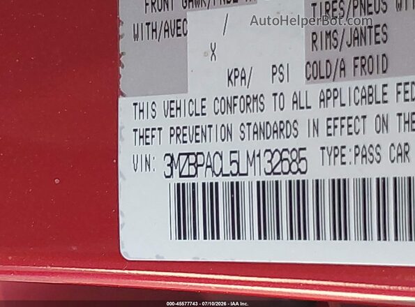 3MZBPACL5LM132685 2020 MAZDA 3 Burgundy Vista del compartimento del motor