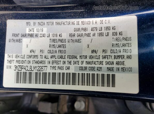 3MZBPACL8LM122877 2020 MAZDA 3 Blue Vista de la etiqueta del VIN