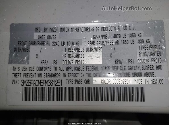 3MZBPACM5PM381261 2023 MAZDA 3 White Widok komory silnika