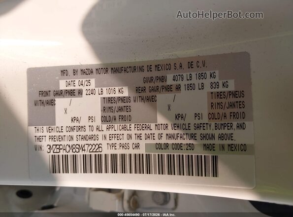 3MZBPACM8SM472226 2025 MAZDA 3 White Engine compartment view