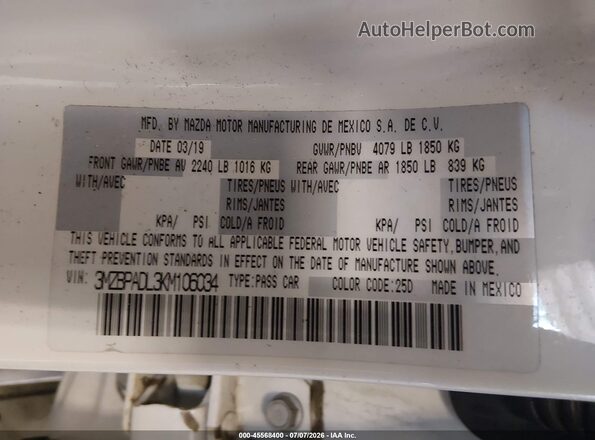 3MZBPADL3KM106034 2019 MAZDA 3 White Շարժիչի բաժամունքի տեսք