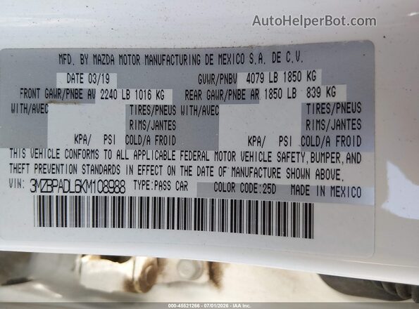 3MZBPADL6KM108988 2019 MAZDA 3 Белый Вид подкапотного пространства