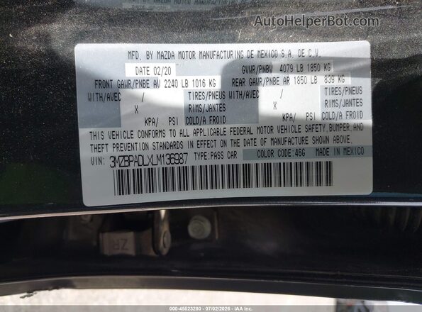 3MZBPADLXLM136987 2020 MAZDA 3 Gray ძრავის განყოფილების ხედი