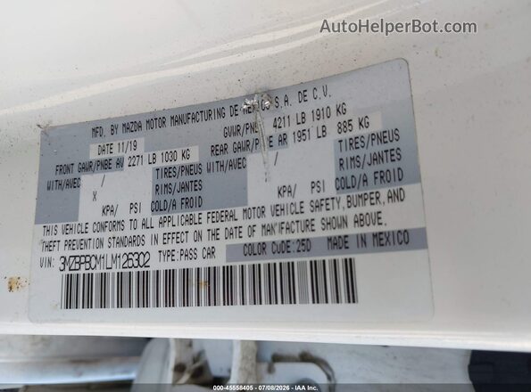 3MZBPBCM1LM126302 2020 MAZDA 3 White Вид підкапотного простору
