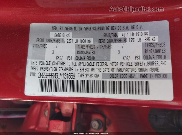 3MZBPBEM3LM131658 2020 MAZDA 3 Red Շարժիչի բաժամունքի տեսք