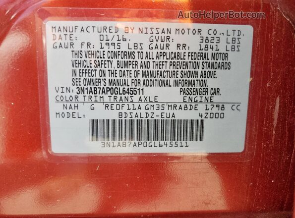 3N1AB7AP0GL645511 2016 NISSAN SENTRA Maroon VIN sticker view
