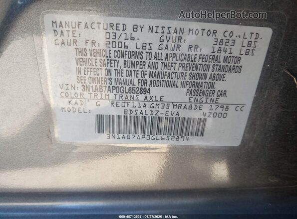 3N1AB7AP0GL652894 2016 NISSAN SENTRA Gray Vista del compartimento del motor