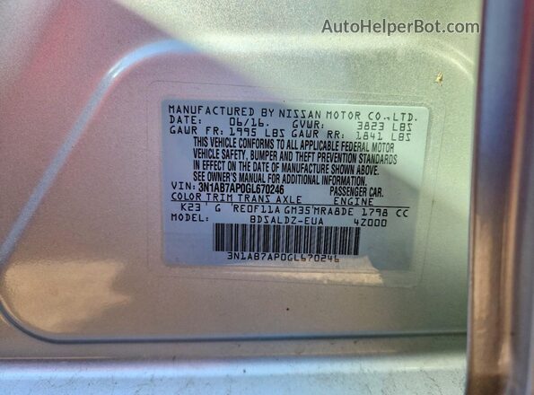 3N1AB7AP0GL670246 2016 NISSAN SENTRA Silver Widok komory silnika