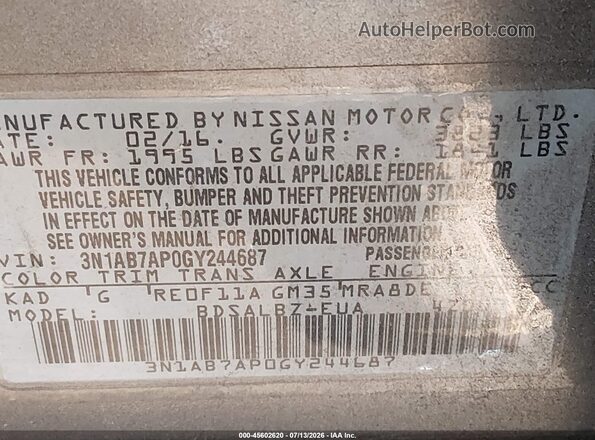 3N1AB7AP0GY244687 2016 NISSAN SENTRA Gray Вид підкапотного простору