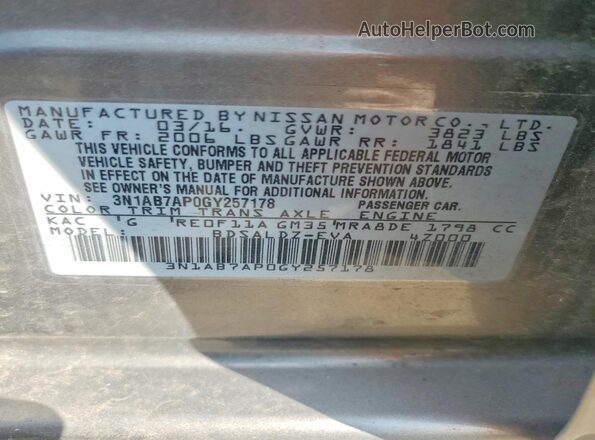 3N1AB7AP0GY257178 2016 NISSAN SENTRA Silver Вид наклейки з VIN-кодом