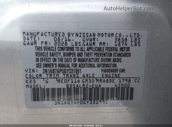 3N1AB7AP0GY331991 2016 NISSAN SENTRA Silver ძრავის განყოფილების ხედი