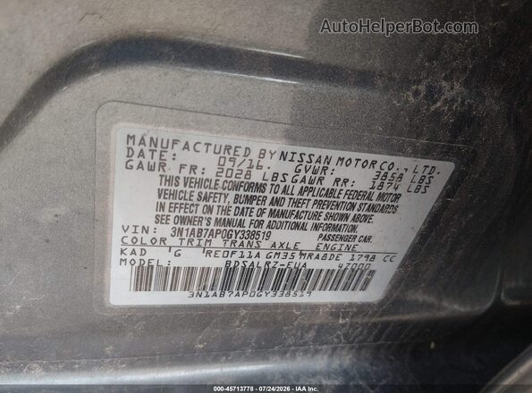 3N1AB7AP0GY338519 2016 NISSAN SENTRA Gray Շարժիչի բաժամունքի տեսք