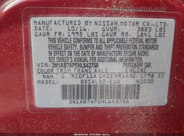 3N1AB7AP0HL643758 2017 NISSAN SENTRA Red ძრავის განყოფილების ხედი