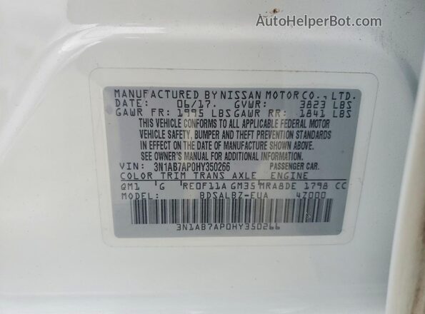 3N1AB7AP0HY350266 2017 NISSAN SENTRA White VIN კოდის სტიკერის ხედი