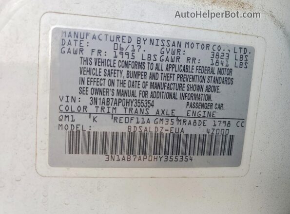 3N1AB7AP0HY355354 2017 NISSAN SENTRA White Շարժիչի բաժամունքի տեսք