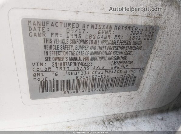 3N1AB7AP0HY406285 2017 NISSAN SENTRA White Vista del compartimento del motor