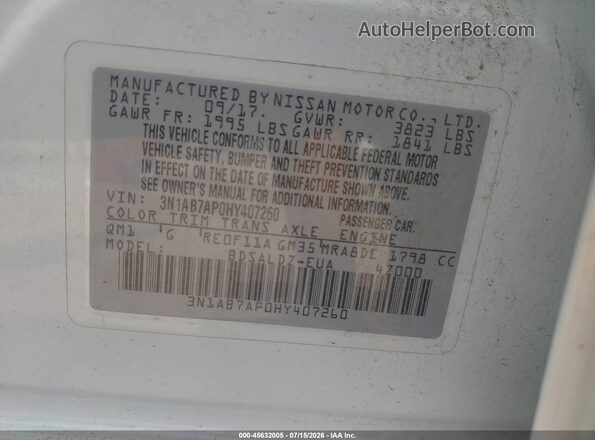 3N1AB7AP0HY407260 2017 NISSAN SENTRA White ძრავის განყოფილების ხედი