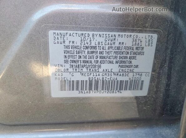 3N1AB7AP0JY208196 2018 NISSAN SENTRA Charcoal Widok naklejki z numerem VIN
