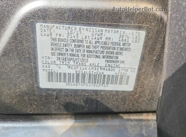 3N1AB7AP0JY212913 2018 NISSAN SENTRA Gray Շարժիչի բաժամունքի տեսք