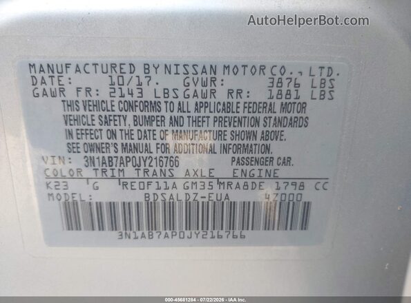 3N1AB7AP0JY216766 2018 NISSAN SENTRA Silver Vista del compartimento del motor