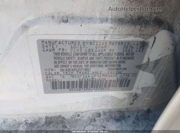 3N1AB7AP0JY218601 2018 NISSAN SENTRA White Շարժիչի բաժամունքի տեսք