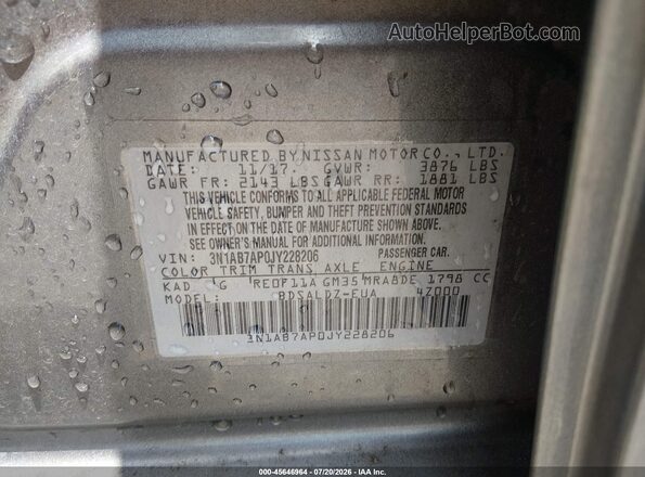 3N1AB7AP0JY228206 2018 NISSAN SENTRA Gray Вид підкапотного простору