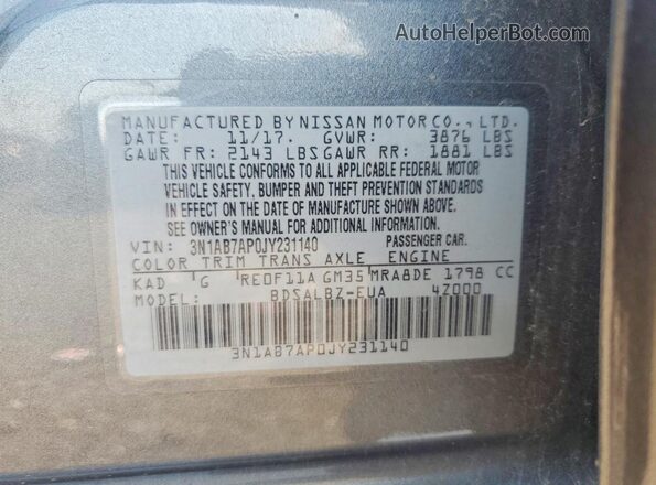 3N1AB7AP0JY231140 2018 NISSAN SENTRA Gray Widok naklejki z numerem VIN