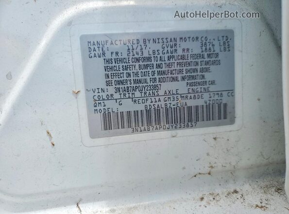 3N1AB7AP0JY233857 2018 NISSAN SENTRA White Engine compartment view