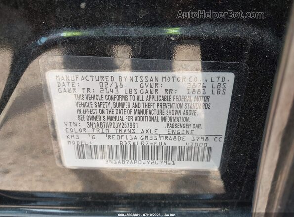 3N1AB7AP0JY267961 2018 NISSAN SENTRA Black ძრავის განყოფილების ხედი