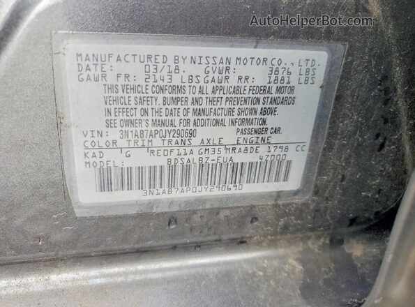 3N1AB7AP0JY290690 2018 NISSAN SENTRA Серый Вид подкапотного пространства