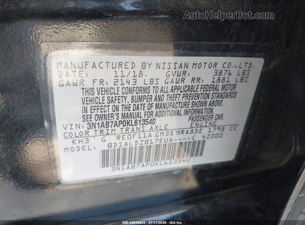 3N1AB7AP0KL613540 2019 NISSAN SENTRA Black Vista del compartimento del motor